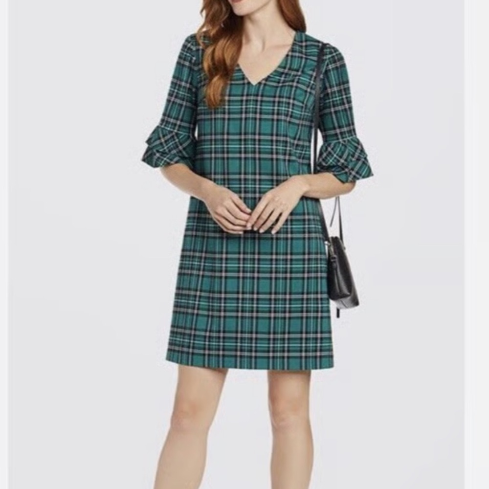 Draper James Angie Plaid Green Dress 8 Ruffle Sleeve Office Preppy